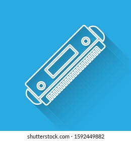 White line Harmonica icon isolated with long shadow. Musical instrument.  Vector Illustration