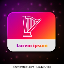 White line Harp icon isolated on black background. Classical music instrument, orhestra string acoustic element. Rectangle color button. Vector Illustration