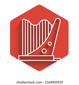 White line Harp icon isolated with long shadow. Classical music instrument, orhestra string acoustic element. Red hexagon button. Vector Illustration