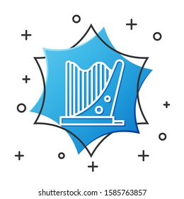 White line Harp icon isolated on white background. Classical music instrument, orhestra string acoustic element. Blue hexagon button. Vector Illustration