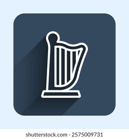 White line Harp icon isolated with long shadow background. Classical music instrument, orhestra string acoustic element. Blue square button. Vector