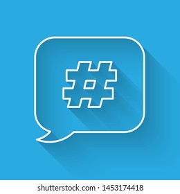 White line Hashtag speech bubble icon isolated with long shadow. Concept of number sign, social media marketing, micro blogging.  Vector Illustration