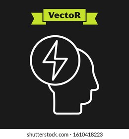 White line Head and electric symbol icon isolated on black background.  Vector Illustration