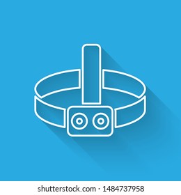 White line Head flashlight icon isolated with long shadow. Tourist head flashlight. Camping head light.  Vector Illustration