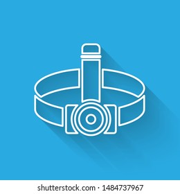 White line Head flashlight icon isolated with long shadow. Tourist head flashlight. Camping head light.  Vector Illustration