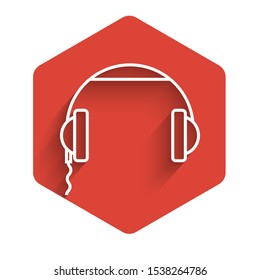 White line Headphones icon isolated with long shadow. Earphones sign. Concept for listening to music, service, communication and operator. Red hexagon button. Vector Illustration