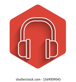 White line Headphones icon isolated with long shadow. Earphones sign. Concept for listening to music, service, communication and operator. Red hexagon button. Vector Illustration