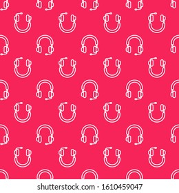 White line Headphones icon isolated seamless pattern on red background. Earphones. Concept for listening to music, service, communication and operator.  Vector Illustration