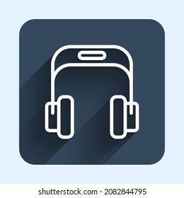 White line Headphones icon isolated with long shadow background. Earphones. Concept for listening to music, service, communication and operator. Blue square button. Vector