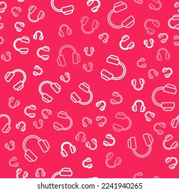White line Headphones icon isolated seamless pattern on red background. Earphones. Concept for listening to music, service, communication and operator.  Vector