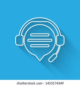 White line Headphones with speech bubble chat icon isolated with long shadow. Support customer service, hotline, call center, faq, maintenance.  Vector Illustration