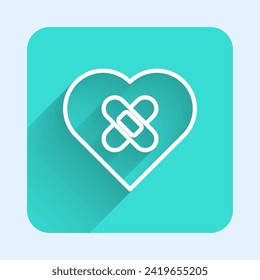 White line Healed broken heart or divorce icon isolated with long shadow. Shattered and patched heart. Love symbol. Valentines day. Green square button. Vector