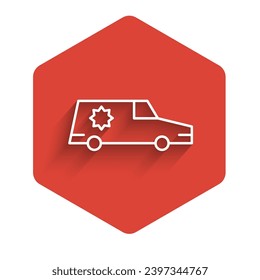 White line Hearse car icon isolated with long shadow. Red hexagon button. Vector