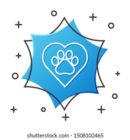 White line Heart with animals footprint icon isolated on white background. Pet paw in heart. Love to the animals. Blue hexagon button. Vector Illustration
