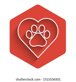 White line Heart with animals footprint icon isolated with long shadow. Pet paw in heart. Love to the animals. Red hexagon button. Vector Illustration