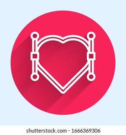 White line Heart with Bezier curve icon isolated with long shadow. Pen tool icon. Red circle button. Vector Illustration