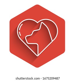 White line Heart with cat icon isolated with long shadow. Love to the animals. Red hexagon button. Vector Illustration