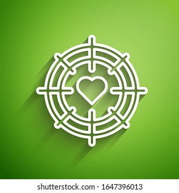White line Heart in the center of darts target aim icon isolated on green background. Valentines day.  Vector Illustration
