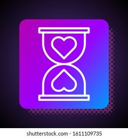 White line Heart in the center old hourglass icon isolated on black background. Valentines day. Square color button. Vector Illustration