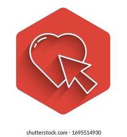 White line Heart and cursor click icon isolated with long shadow. Online dating. Click on like button. International Happy Women Day. Red hexagon button. Vector Illustration