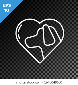 White line Heart with dog icon isolated on transparent dark background. Pet paw in heart. Love to the animals.  Vector Illustration