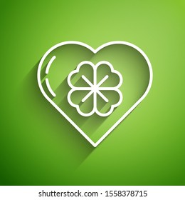 White line Heart with four leaf clover icon isolated on green background. Happy Saint Patrick day.  Vector Illustration
