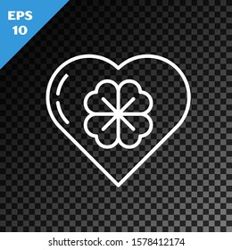 White line Heart with four leaf clover icon isolated on transparent dark background. Happy Saint Patrick day.  Vector Illustration