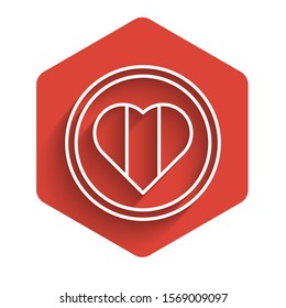 White line Heart icon isolated with long shadow. Happy Saint Patrick day. Red hexagon button. Vector Illustration
