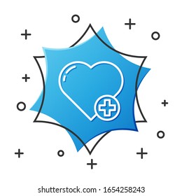 White line Heart icon isolated on white background. Romantic symbol linked, join, passion and wedding. Valentine day symbol. Blue hexagon button. Vector Illustration