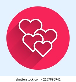 White line Heart icon isolated with long shadow background. Romantic symbol linked, join, passion and wedding. Happy Valentines day. Red circle button. Vector