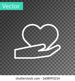 White line Heart on hand icon isolated on transparent background. Hand giving love symbol. Valentines day symbol.  Vector Illustration