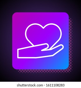 White line Heart on hand icon isolated on black background. Hand giving love symbol. Valentines day symbol. Square color button. Vector Illustration