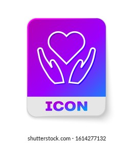 White line Heart on hand icon isolated on white background. Hand giving love symbol. Valentines day symbol. Rectangle color button. Vector Illustration