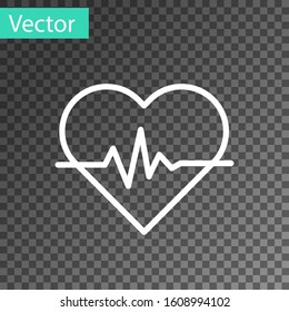 White line Heart rate icon isolated on transparent background. Heartbeat sign. Heart pulse icon. Cardiogram icon.  Vector Illustration