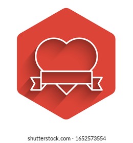 White line Heart and ribbon icon isolated with long shadow. Romantic symbol linked, join, passion and wedding. Valentine day symbol. Red hexagon button. Vector Illustration