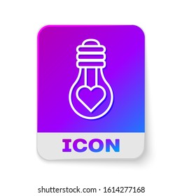 White line Heart shape in a light bulb icon isolated on white background. Love symbol. Valentine day symbol. Rectangle color button. Vector Illustration