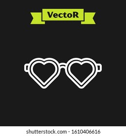 White line Heart shaped love glasses icon isolated on black background. Suitable for Valentine day card design.  Vector Illustration