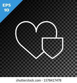 White line Heart with shield icon isolated on transparent dark background. Love symbol. Insurance concept. Security, safety, protection, protect concept.  Vector Illustration