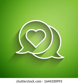 White line Heart in speech bubble icon isolated on green background.  Vector Illustration