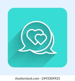 Línea blanca Corazón en el icono de burbuja de voz aislado con fondo de sombra larga. Feliz día de San Valentín. Botón cuadrado verde. Vector