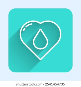 White line Heart with water drop icon isolated with long shadow. Green square button. Vector Illustration