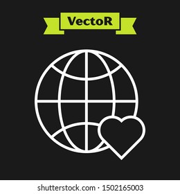 White line The heart world - love icon isolated on black background.  Vector Illustration
