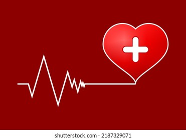 White Line Heartbeat Cardiograph With Red Heart Medical Cross Concept Heart Disease Vector Design.