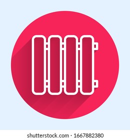 Icono del radiador de calefacción de línea blanca aislado con una sombra larga. Botón de círculo rojo. Ilustración vectorial