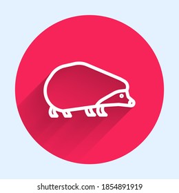 White line Hedgehog icon isolated with long shadow. Animal symbol. Red circle button. Vector