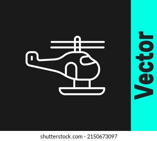 White line Helicopter aircraft vehicle icon isolated on black background.  Vector