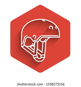 White line Helmet icon isolated with long shadow. Extreme sport. Sport equipment. Red hexagon button. Vector Illustration