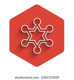 White line Hexagram sheriff icon isolated with long shadow background. Police badge icon. Red hexagon button. Vector