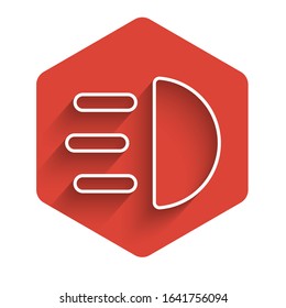 White line High beam icon isolated with long shadow background. Car headlight. Red hexagon button. Vector Illustration