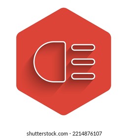 White line High beam icon isolated with long shadow. Car headlight. Red hexagon button. Vector